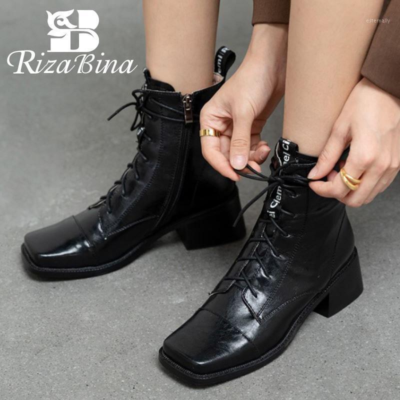 

RIZABINA New Women Short Boots Real Leather Square Heel Zipper Women Ankle Boots Fashion Cool Footwear Size 33-401, Black