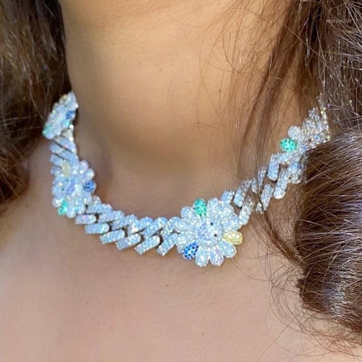 

Iced out women cuban choker new high quality 12mm micro pave cz miami cuban link chain smile flower out necklace1