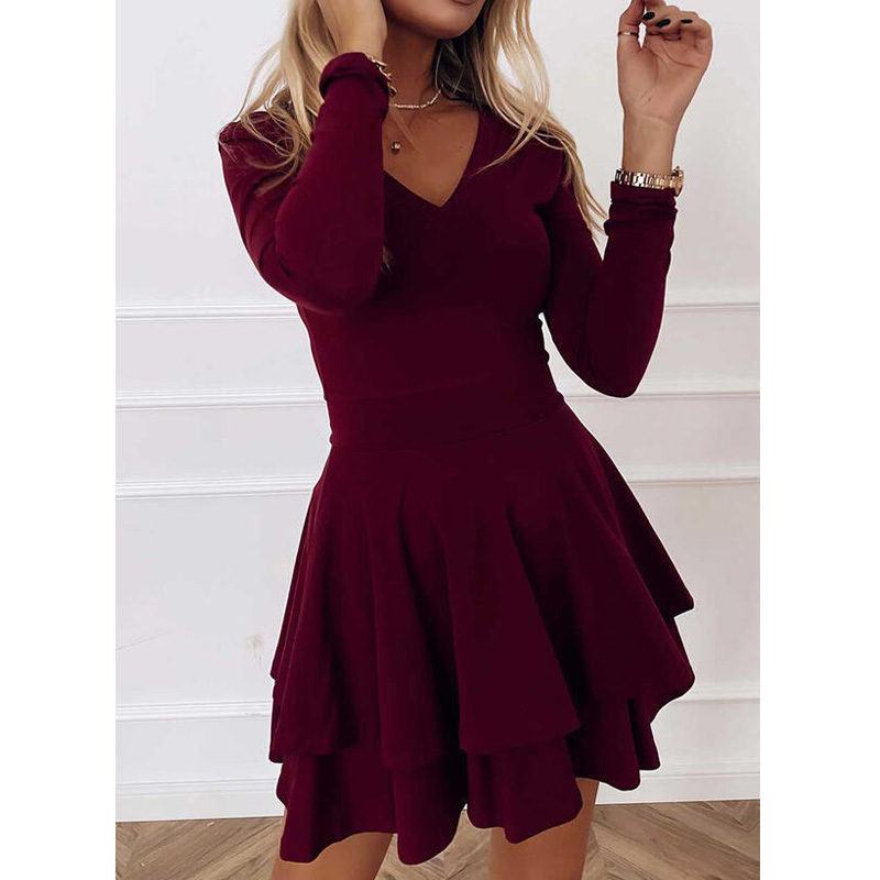 

New Summer Woman Solid Long Sleeves v Neck A-line Above Knee Party Elegant Ruffles Fashion Es for Women 2021 Djuu, Wine
