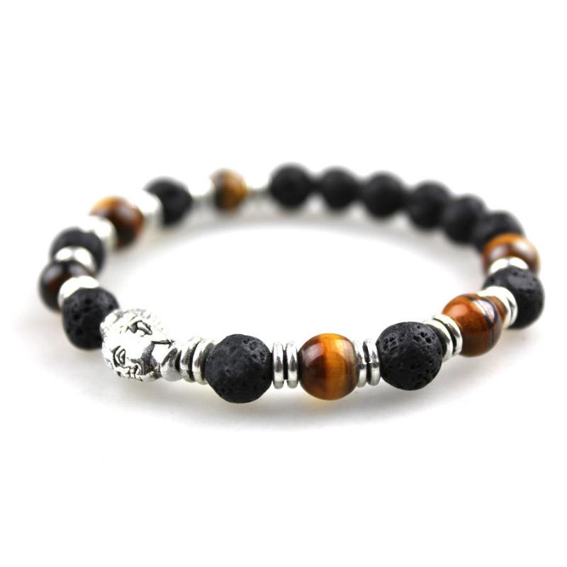 

Fashionable And Luxurious Men's Beaded Bracelet Tiger's Eye stone Lapis Lazuli Silver Color Buddha Head Decoration Small Beads
