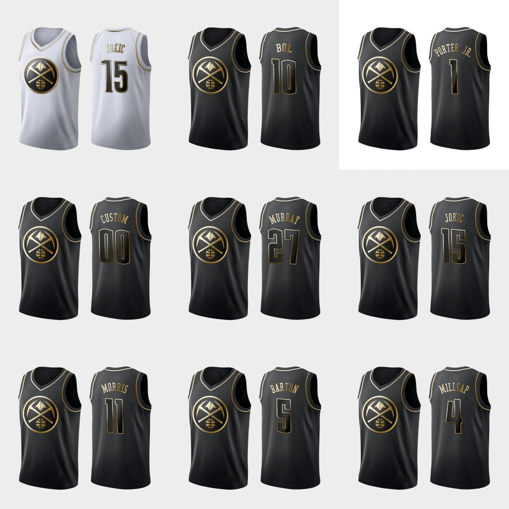 

Denver Nuggets Nikola Jokic Jamal Murray Michael Porter Jr. Bol Bol Will Barton Black Men Custom Golden Edition Jersey