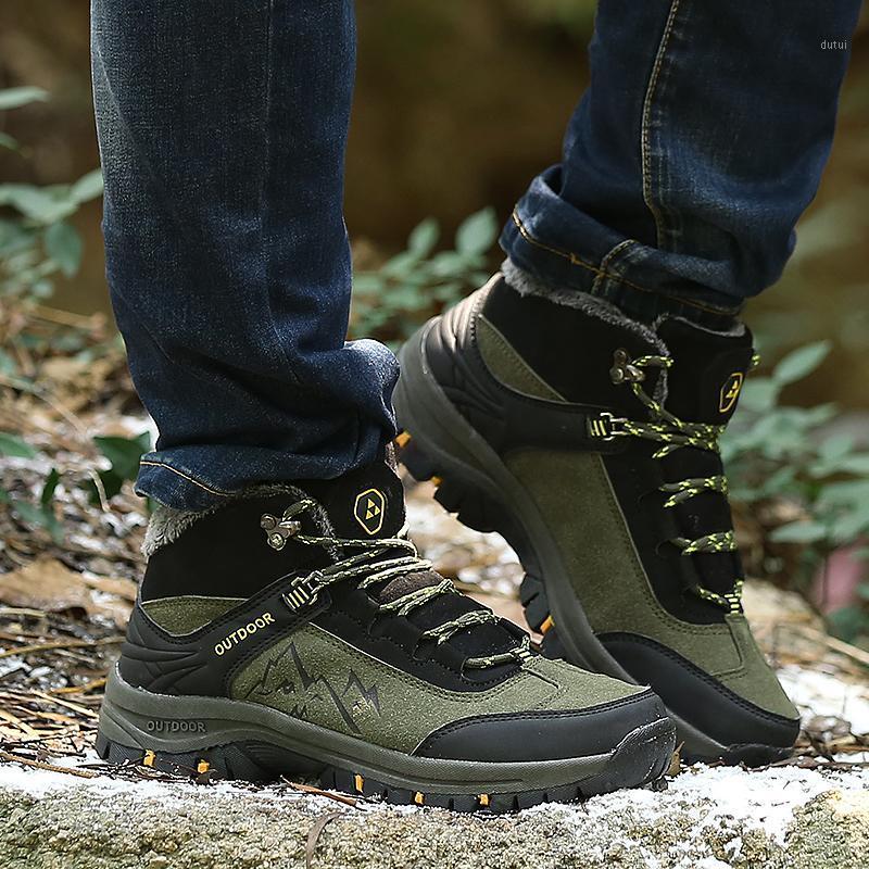 

Hiking Boots Men Fur Plush Snow Boots Waterproof Suede Winter Lace Up Ankle Warm Cotton Non-slip Walking Shoes1, Army green