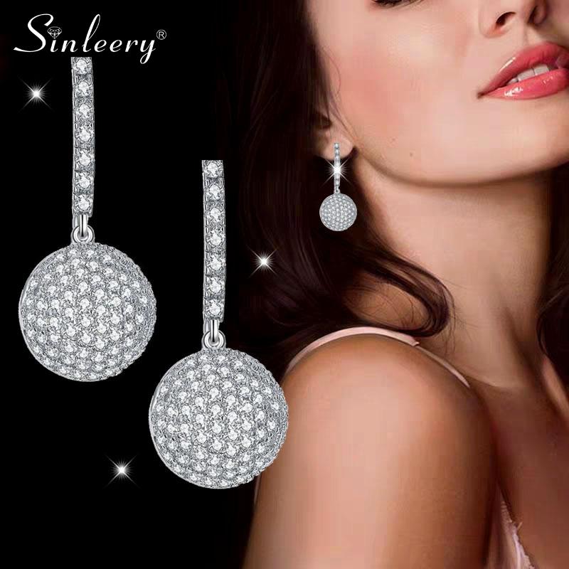 

SINLEERY Luxury Big Crystal Ball Drop Earrings For Women Silver Color Round Circle Earring Wedding Party Jewelry Es172 SSI