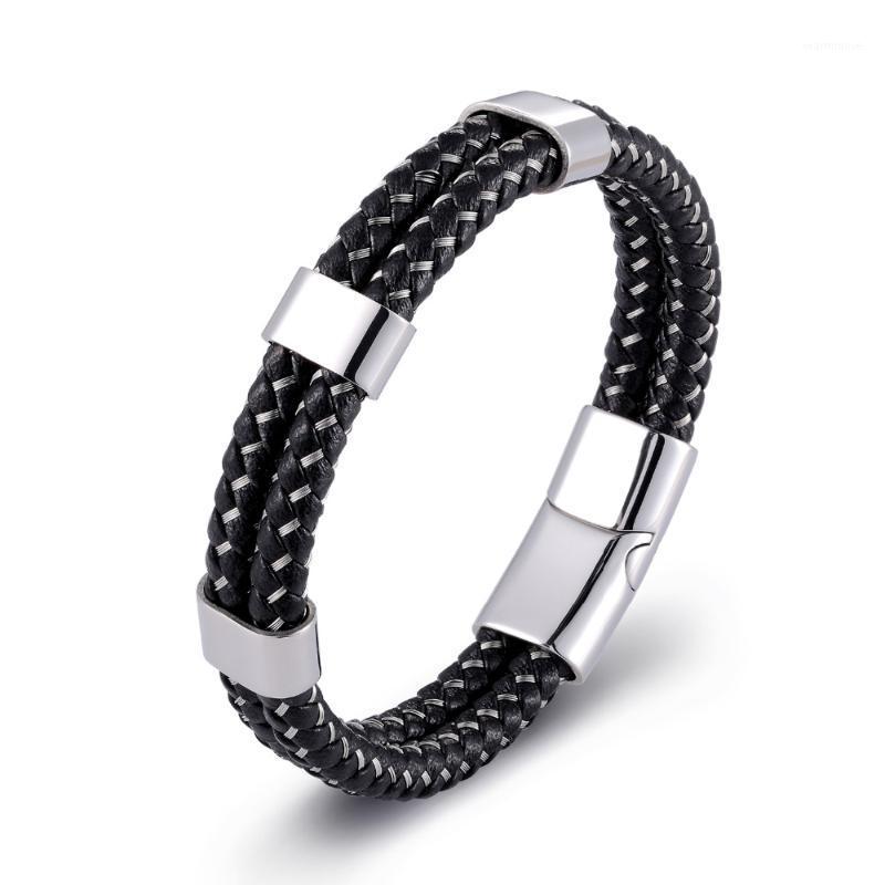 

New Stainless Steel Silk Braided Black Genuine Leather Bracelet & Bangles Handmade Male Jewelry Fashion Gifts For Men1
