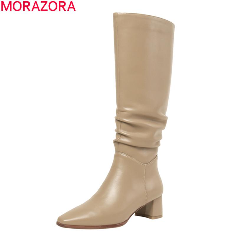 

MORAZORA 2021 high quality women boots low heel square toe 3 colors knee high boots autumn winter fashion ladies shoes, Black