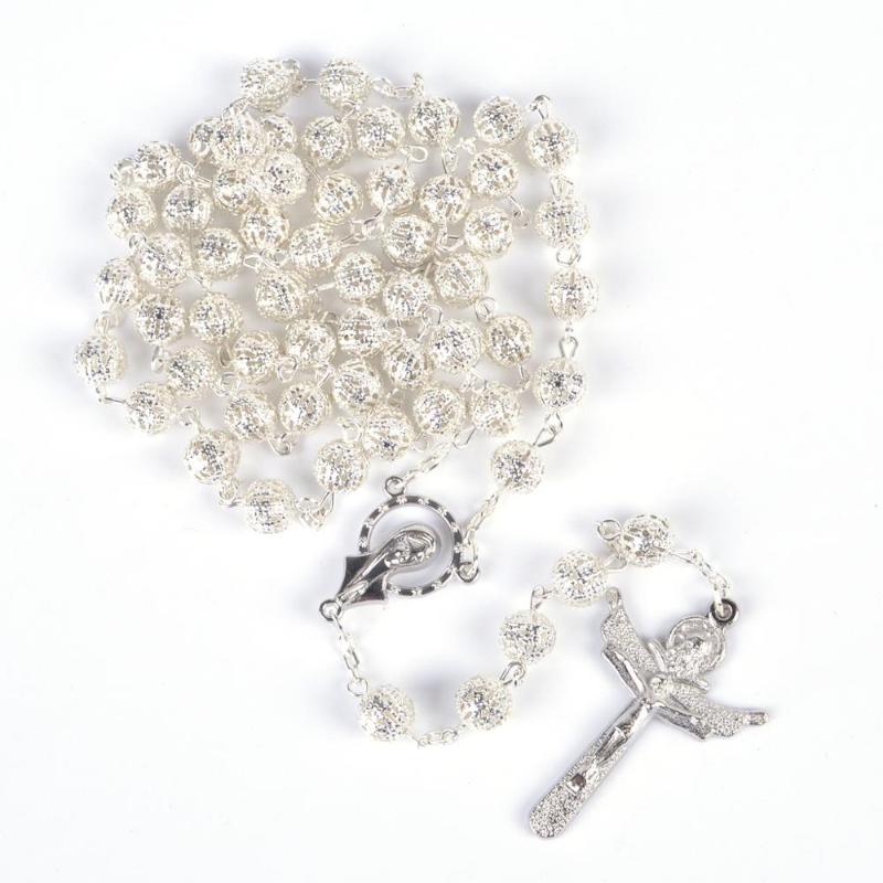 

Fashionable Round Silver Plated Beads Rosary Necklaces Classic Madonna Center