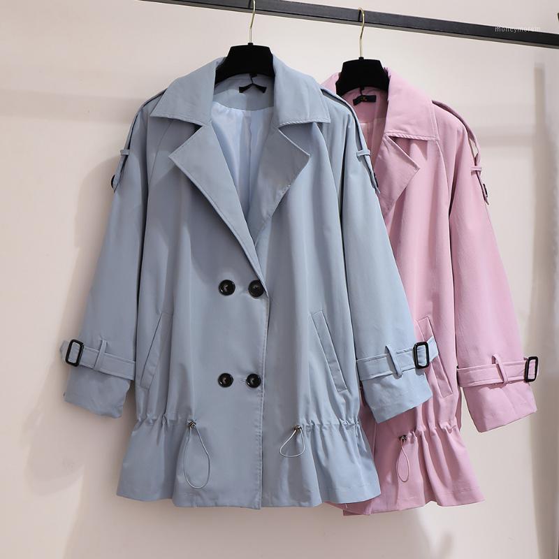 

2XL~ 6XL Big Size Lady Autumn Leisure Trench Coat Turn-down Collar Windbreaker Solid Double-breasted Casual Long Tops B6871, Blue