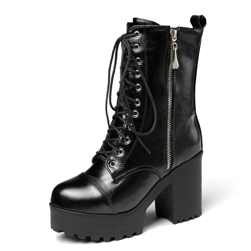 

Thick Heel High Heel Lace-Up Women's Short Boots Side Zipper Short Plush Boots Thick Sole Single Platform Mid-calf, Black