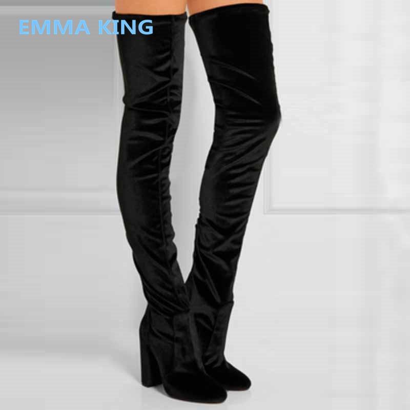 

Stretch Over The Knee Long Boots Side Zipper Women Pointed Toe Shoes Fashion Women Thigh High Chunky High Heels Boots Mujer Bota1, As shown in picture