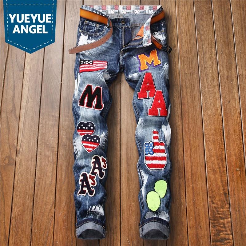 

Men's Jeans Straight Leg Men Fashion Embroidery Patches Letter Slim Fit Zipper Street Hip Hop Pants Denim Biker Trouser, As pic