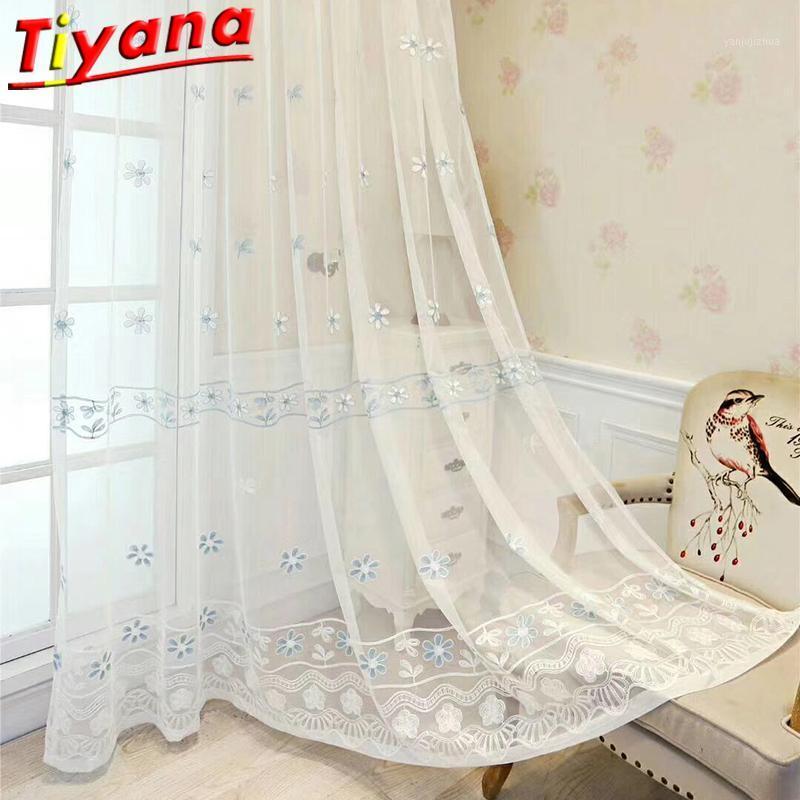 

Blue Flowers Embroidery Tulle Curtains for Living Room White Sheer Volie for Bedroom Kitchen X-HM436*301, White tulle