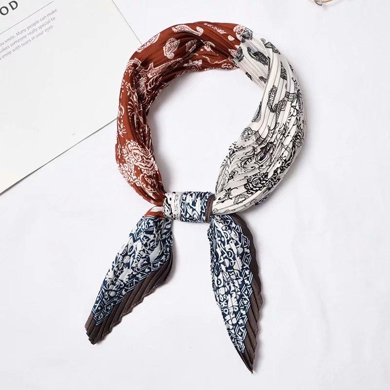 

Scarves Small Pleated Silk Scarf Stripe Women Wrap Handkerchief Bandanas Accessories Foulard Femme 55*55cm, Blue;gray
