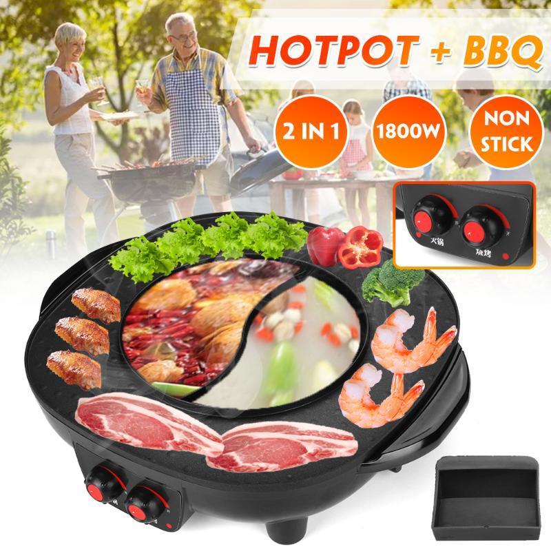 

1800W Dual Temperature Control Electric 2 In 1 Hot Pot & Barbecue Smokeless Non-Stick Electric Grill Machine For Party 220V1