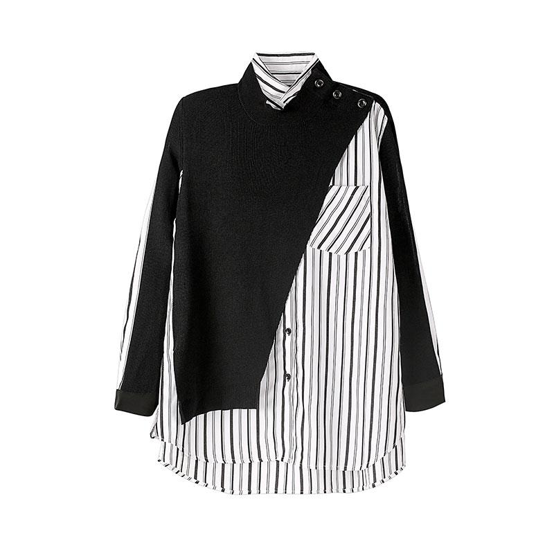 

EWQ] 2021 Spring Women New Asymmetrical Blouse Single Breasted Turn-down Collar Long Sleeve Patchwork Knit Striped Shirt 8Q1003, White