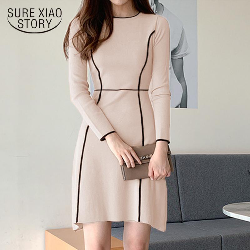 

2021 Spring New Fashion Elegant Knitted Dress Women Vintage A Line Ladies Dress O-Neck High Waist for Women Vestidos 12702, Black