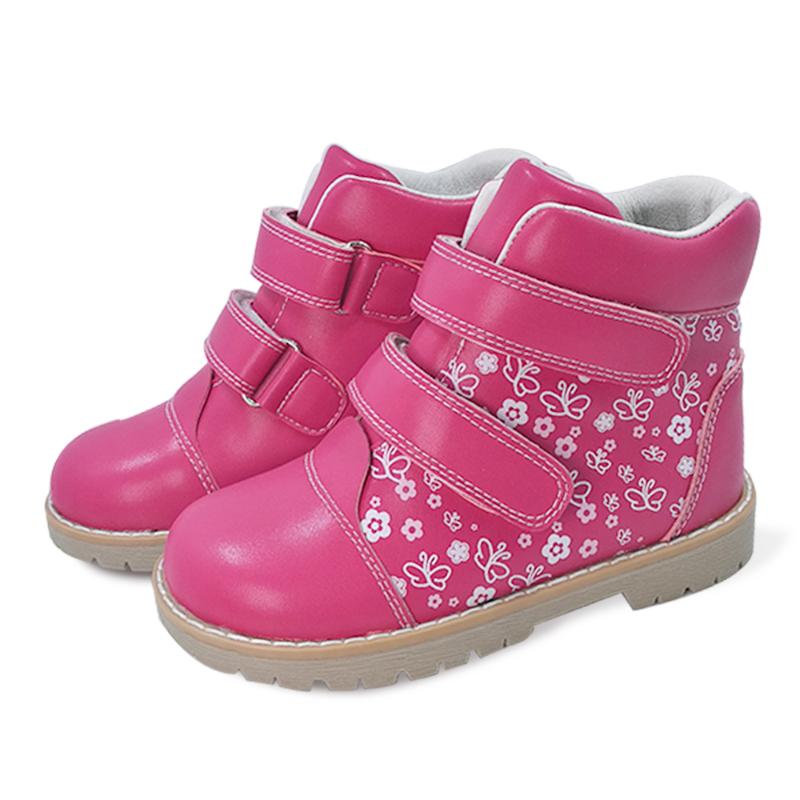 

Lovely Waterproof Geniune Leather Boots with Flower Printing Corrective Orthopedic Shoes Sneaker for Little Girls, Rose red