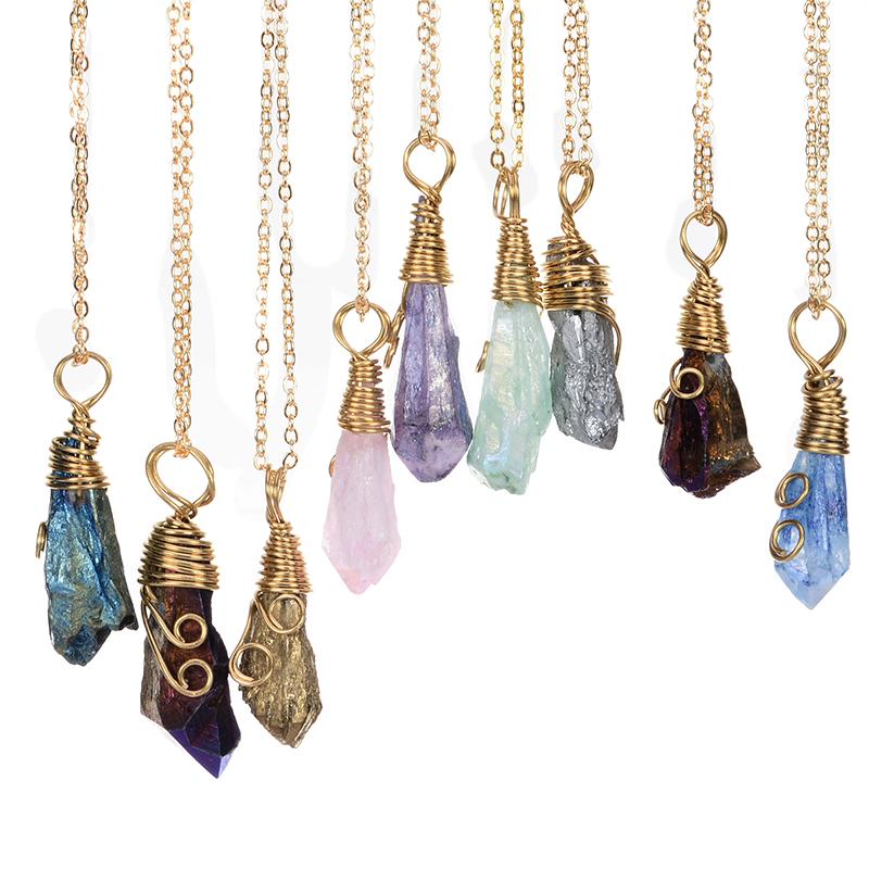 

9pcs Wholesale Handmade Rainbow Wire Wrapped Raw Natural Stone Women Pendant Necklace Amethyst Pink Quartz Crystal Gem Necklaces, Silver