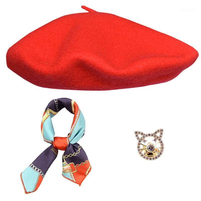

DOUBCHOW Women Wool Artist French Berets Hats with Brooch Scarf Autumn Winter Maiden Solid Color Black Red Baret Beanie Flat Hat1