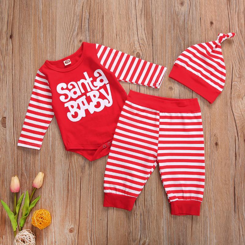 

Infant Baby Boy Girl Xmas Outfits Letter Printed Long Sleeve Bodysuit Tops + Stripes Pants Trousers Hat 3 Pcs Autumn Clothing, Merry christmas