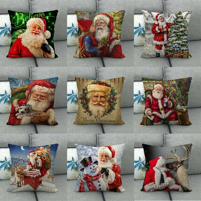 

Christmas Santa Claus Snowman Cushion Cover Zippered Square Pillow Case For Home Car Sofa Decor