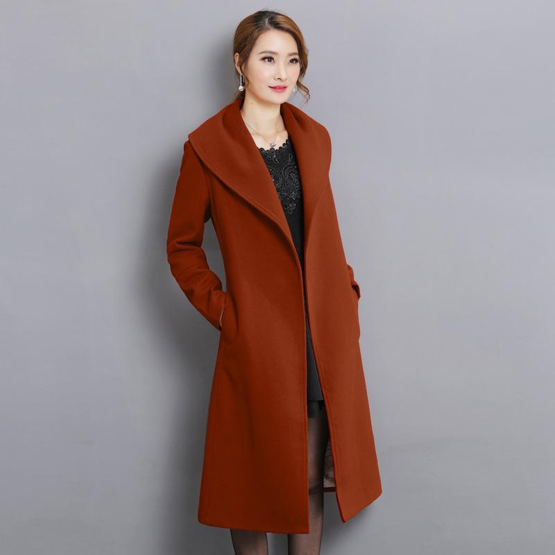 

Elegant Solid Women Long Woolen Coat Slim Pockets Women's Jacket Open Stitch Turn-down Collar Cashmere Coat and Jacket, Brown