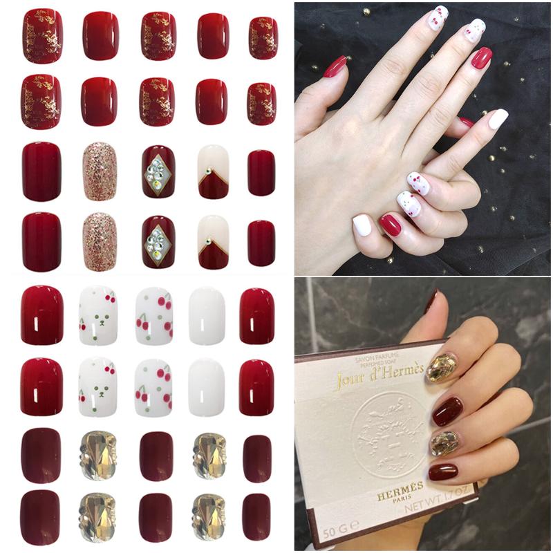 

24Pcs/box Full Cover Detachable Cherry Gold leaf False Nails Press On Detachable False Nail Art Tips
