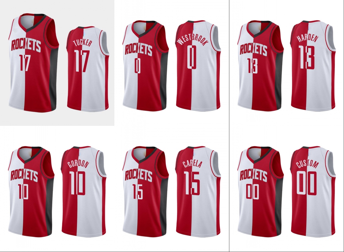 

Men Houston Rockets James Harden Russell Westbrook Clint Capela Eric Gordon P.J. Tucker White Red Split Two-Tone Jersey, Black