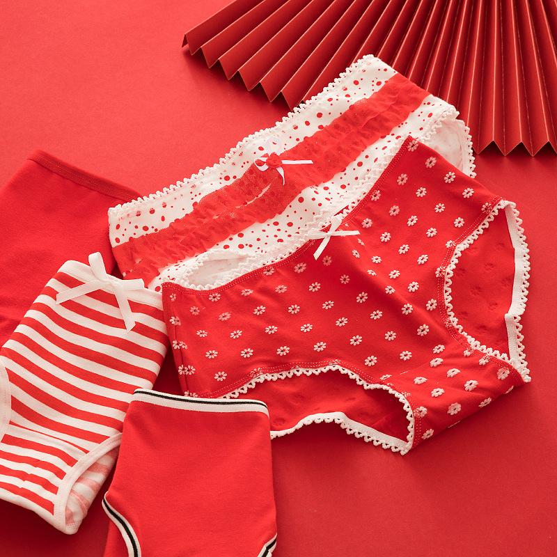 

Sexy Daisy Flower Red Panties Women Cotton Bow Floral Lace Knickers Fashion Ladies Striped Briefs Underwear Female Dots Lingerie, Red 2
