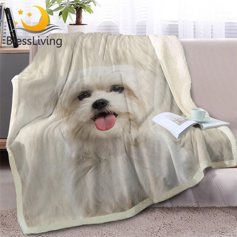 

BlessLiving White Dog Throw Blanket for Bed Sofa Fur Print Soft Sherpa Fleece Blanket 3D Animal Bedding Puppy Plush Thin Quilt1
