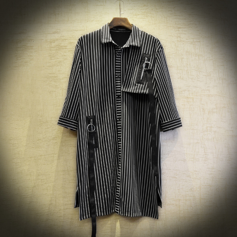 

2021 New Spring/summer Striped Mid-length Occasional Shirt Shape of Modern Hip Hop Men Outerwear Shirt. XUNH, Black