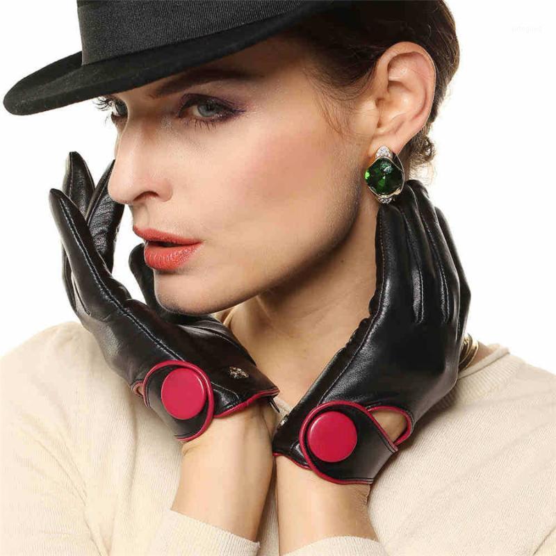 

Five Fingers Gloves Women High-end Genuine Leather Contrast Color Fashion Slim Sheepskin Glove 2021 Wrist Button Solid EL028NN1