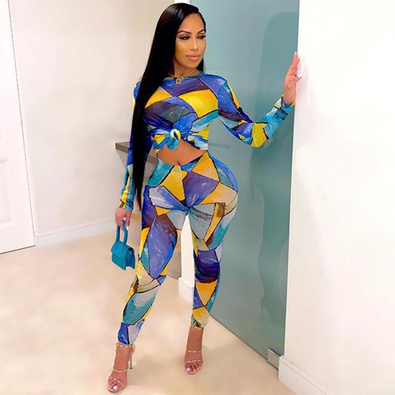 

Hirigin 2020 Fitness Printed Matching Set Women Suit O-neck Long Sleeve Bandage Crop Top Sporty Jogger Legging Elastic Outfit, As pic