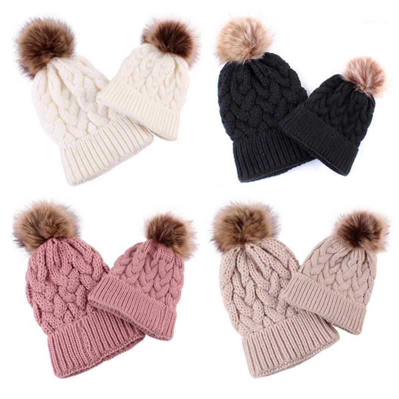 

New Flower Parent-Child Hooded Knitted Hat Soft Cotton For Autumn And Winter Warmth And Windproof Woolen Cap Solid Color1, 01