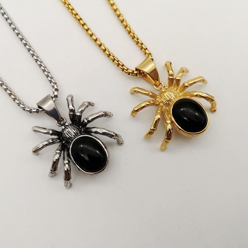

Pendant Necklaces Black Stone Spider Necklace 316L Stainless Steel Hip Hop Alloween Mens Creative Animal