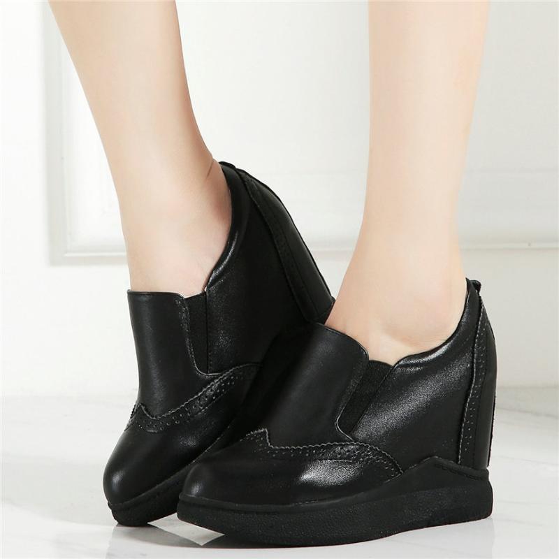 

Platform Pumps Shoes Women Slip On Genuine Leather Wedges High Heel Ankle Boots Female Round Toe Fashion Sneakers Casual Shoes, Black