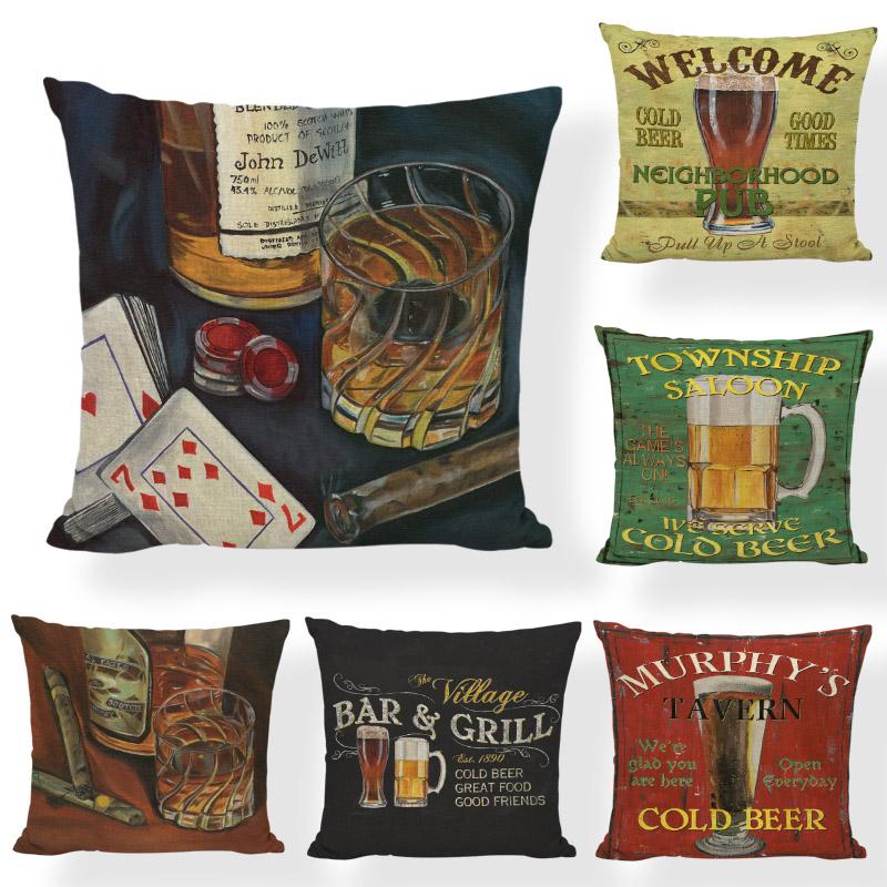 

Retro Cold Beer Cushion Cover Glass Cup Man Cave 17*17In Poker Smoke Dice Old Irish Decoration Pub Home Living Room Pillowcase, 14