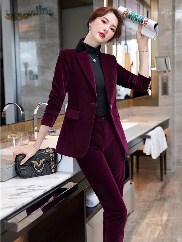 

Formal Uniform Designs Pantsuits High Quality Fabric Velvet Long Sleeve Women Business Suits with Pants and Jackets Blazers Set1