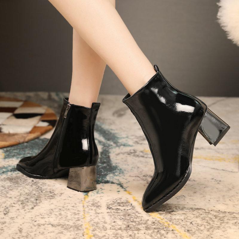 

2020 Spring Autumn Women Boots Faux Leather Sqaure High Heel Ankle Boots Fashion Square Toe Zip Winter Ladies Shoes, Black