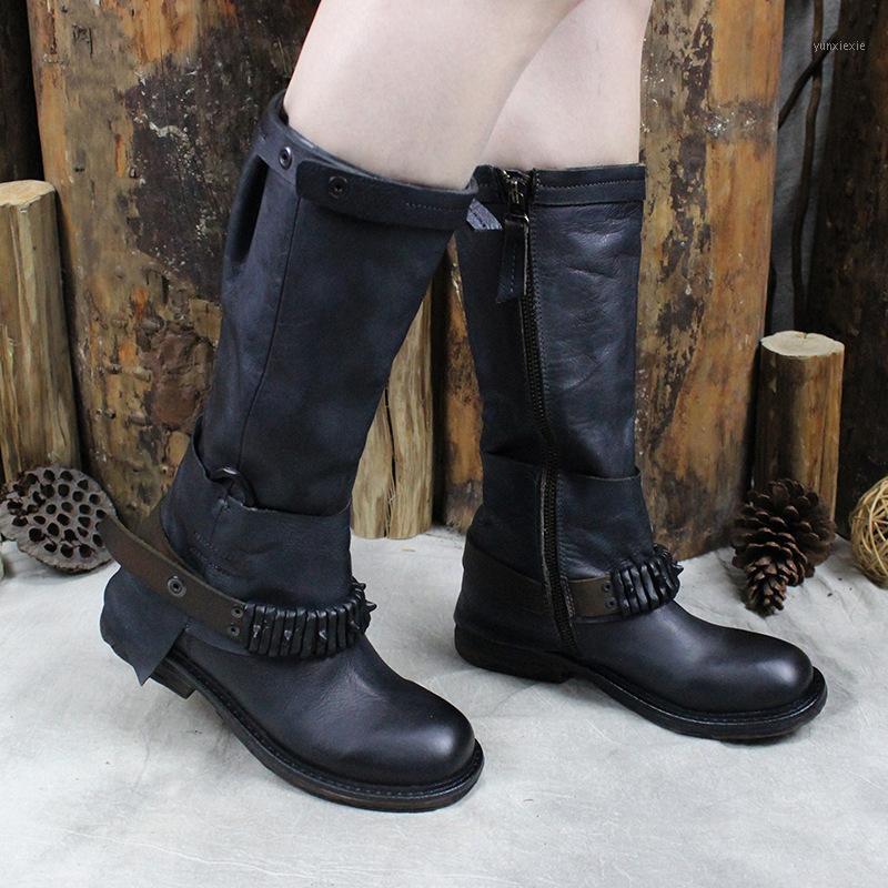 

2020 New Boots Leather Handmade Women's Boots Motorcycle Low-Heeled Mid-Tube Comfort Cowhide1, Blue
