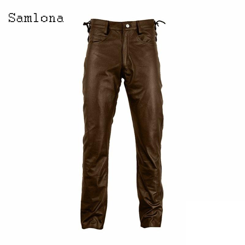 

Samlona PU Leather Pants Spring Autumn Men Faux Leather Pants Slim Fitted Male Fashion Trousers Punk Style Pantalon Dance, Brown