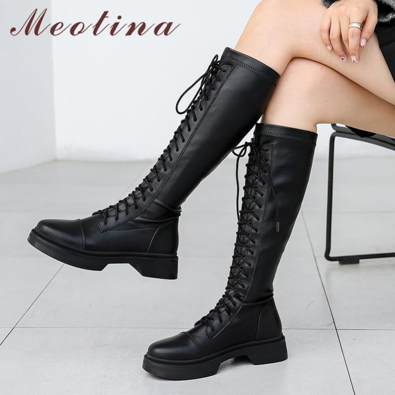 

Meotina Real Leather Platform Mid Heel Motorcycle Boots Women Long Boots Shoes Lace Up Block Heels Knee High Autumn Winter, Black cow synthetic