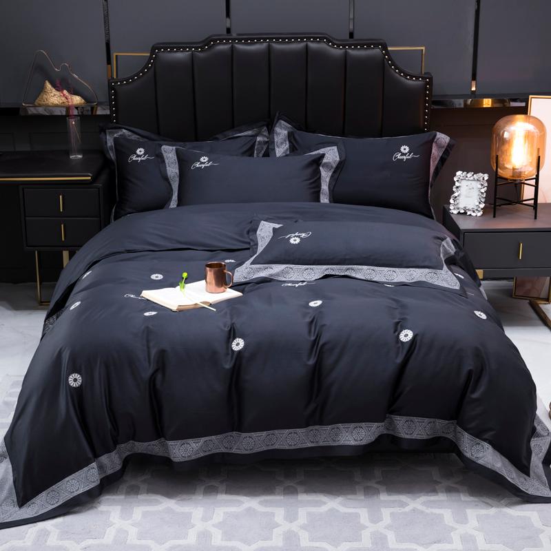 

1000TC Egyptian Cotton Bedlinen Black Gold Embroidery Duvet Cover Pillowcase Flat /Fitted Sheet Queen King Size 4pcs