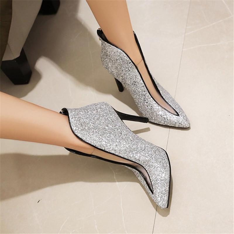 

PXELENA Shiny Bling Bling Women Wedding Boots Silver Gold Stiletto High Heels Bride Shoes Transparent Winter Ankle Boots 34-45, Black