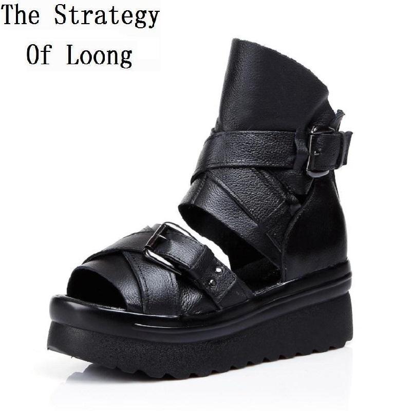 

2020 New Arrival Fashion Gladiator Summer Ankle Boots Open The Toe Buckle Chunky Sole Lady Real Leather High Top Shoes 20200425, Black