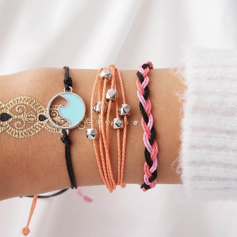 

Bohemia Women's Bracelet Braided Rope Chain Geometric Opening Bangles Set Fashion Silver Color Beads Bracelet for Women Jewelry