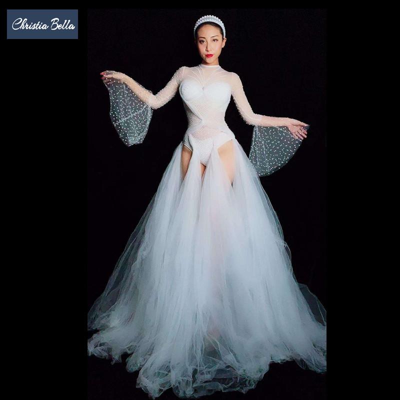 

Christia Bella New Fashion White Mesh Bodysuits Women See Through Sexy Jumpsuits Party Singer Costumes Performance Stage Wear