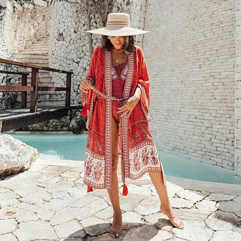 

Summer Bikini Cover Ups Swimwear Cardigan Outfit Chiffon Swimsuit Cover Up Long Towel Printed Loose KimonoN Female Boho 2020 New1
