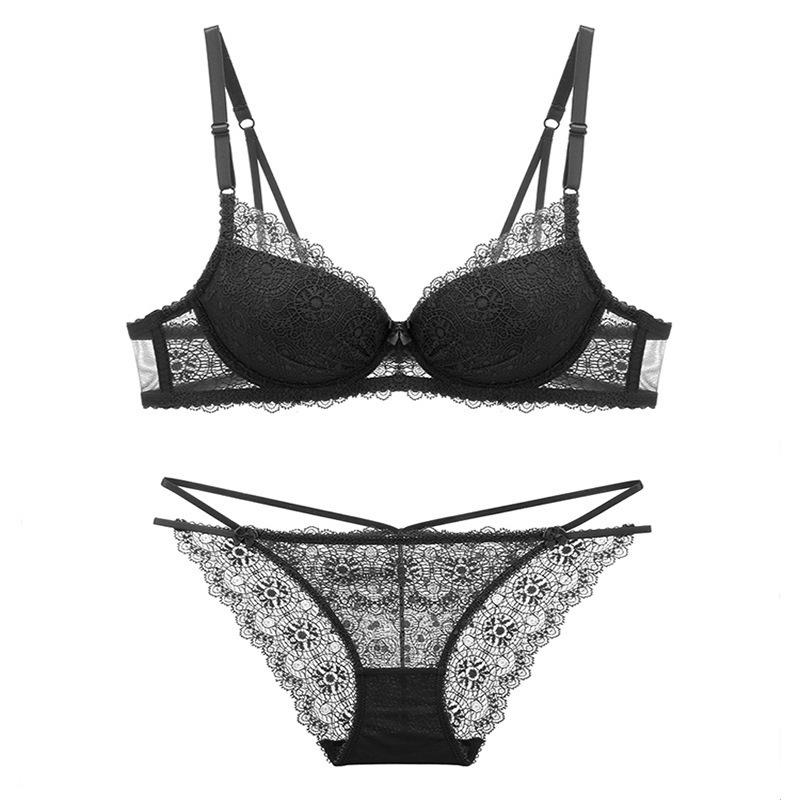 

European and American Sexy Lace Underwear Deep V Girl Bra Top Thin Bottom Thick Small Chest Gather Bra Set, Beige