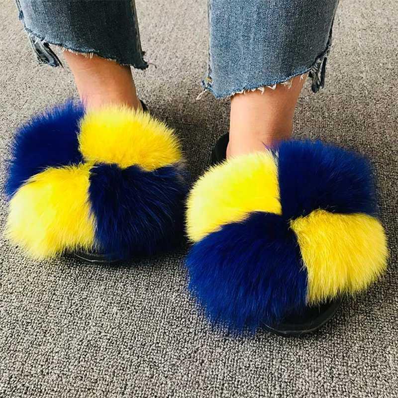

Fancy Fluffy Fur Slippers Flat Women Sandals Colorblock Outside Daily Summer Women Slippers Open Round Toe Women's Shoes1