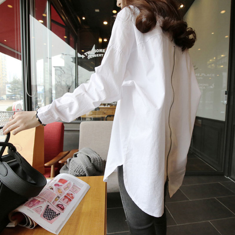 

2021 New Back Zipper Design Shirt Plus Size White Blouse Women Long Sleeve Loose Blusas Ladies Streetwear Casual Tops Wegp, Beige